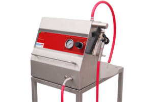 Pulvérisateur de sirop SIROMIX. Machine à pulvériser en airless du sirop ou de la dorure qui est pompé directement dans un contenant. A poser sur table ou avec support roulant.