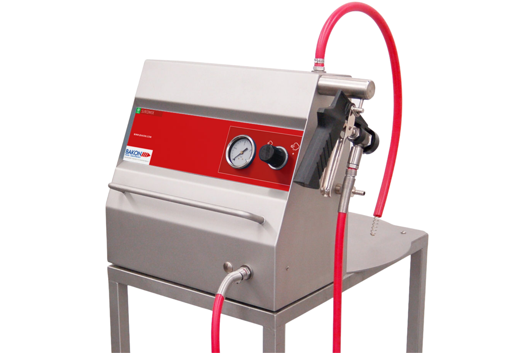 Pulvérisateur de sirop SIROMIX. Machine à pulvériser en airless du sirop ou de la dorure qui est pompé directement dans un contenant. A poser sur table ou avec support roulant.