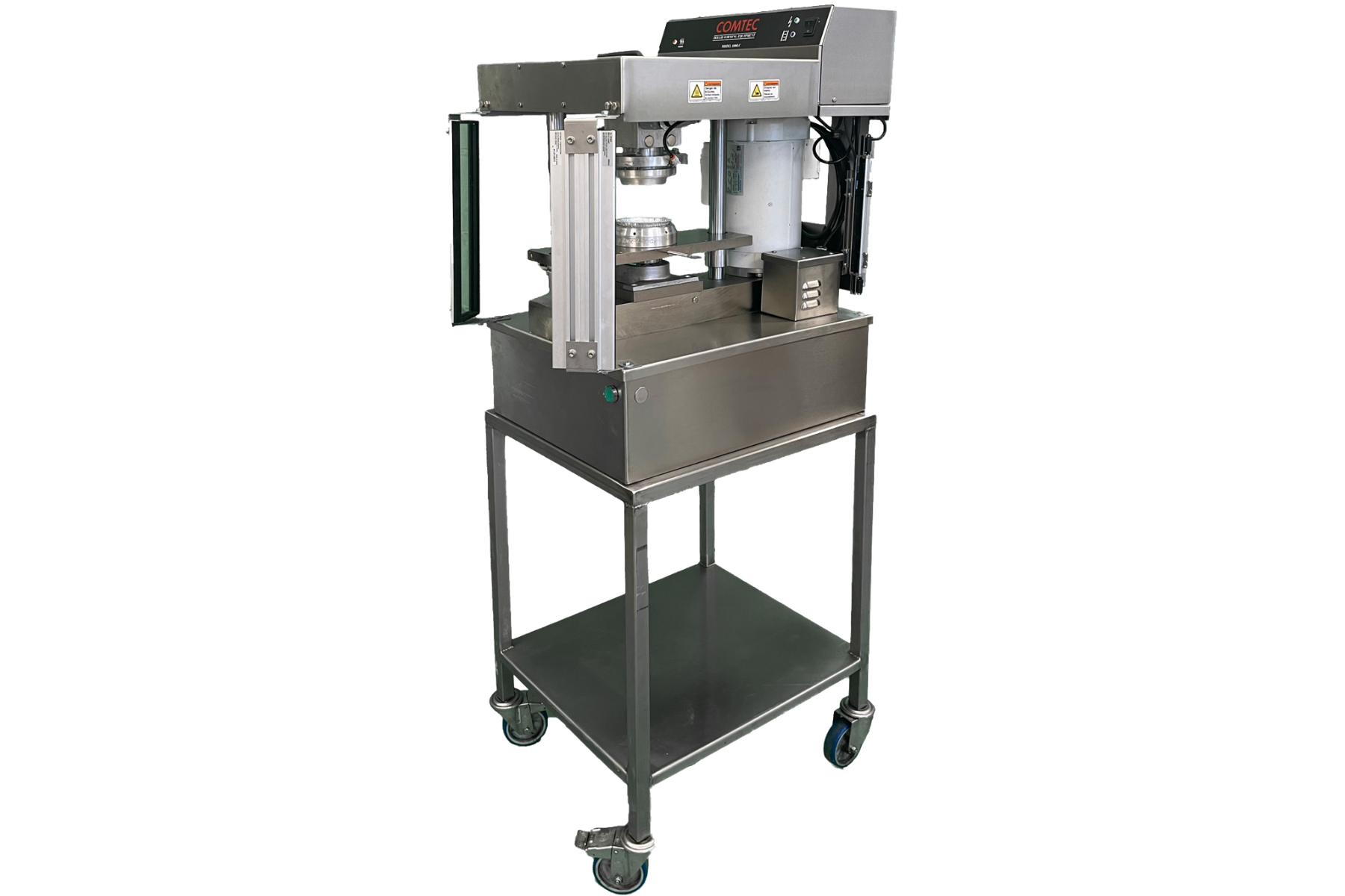 Fonceuse à tartes COMTEC 1100. Machine manuelle qui fonce les fonds de tartes et tartelettes, différents diamètre, différents moules, différentes formes, différentes pâtes (sablées et brisées).