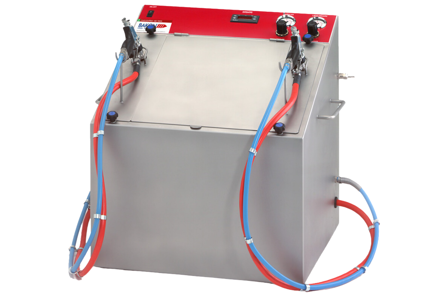 Pulvérisateur à chocolat CHOCO I et II. Machine à pulvériser de la préparation à base de chocolat en dépose fine ou épaisses sur les préparations. Chocolat toujours prêt à l'emploi grâce a un système de maintien au chaud. Existe en 1 ou 2 pistolets.
